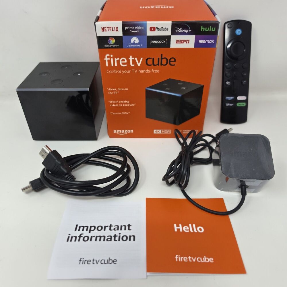 Amazon Fire TV Cube 2nd Gen 4K A78V3N w/ Remote AC Adapter HDMI Cable Box Manual